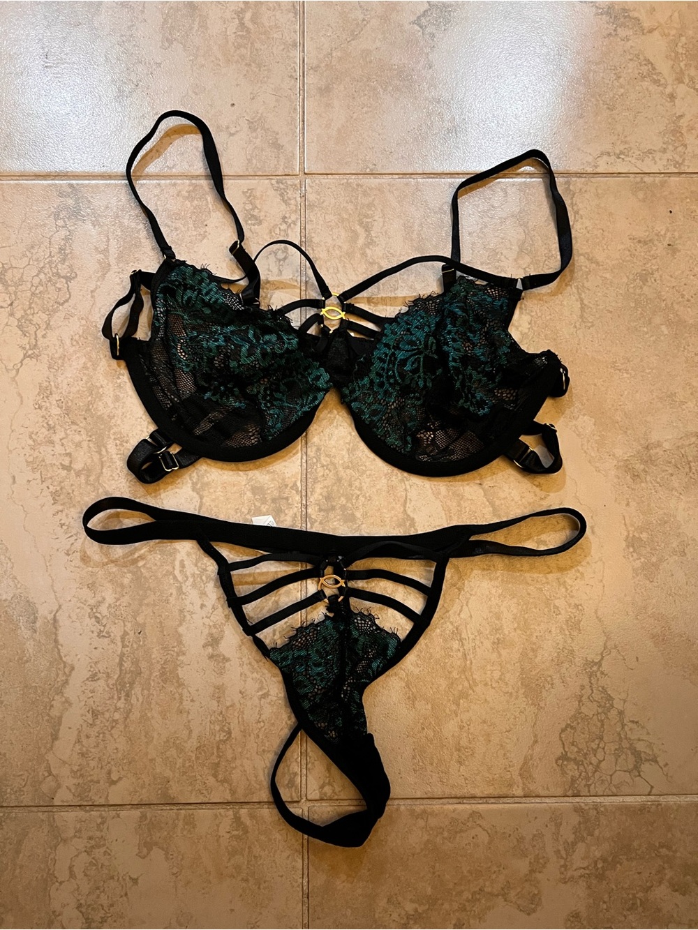 Black and Emerald Lace Strappy Bra & Thong Set - Women Intimates